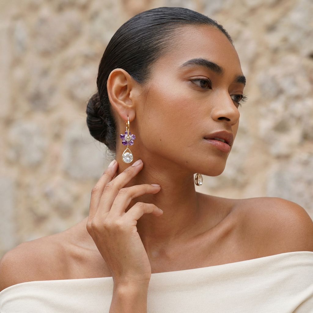 Purple Crystal Flower Earrings