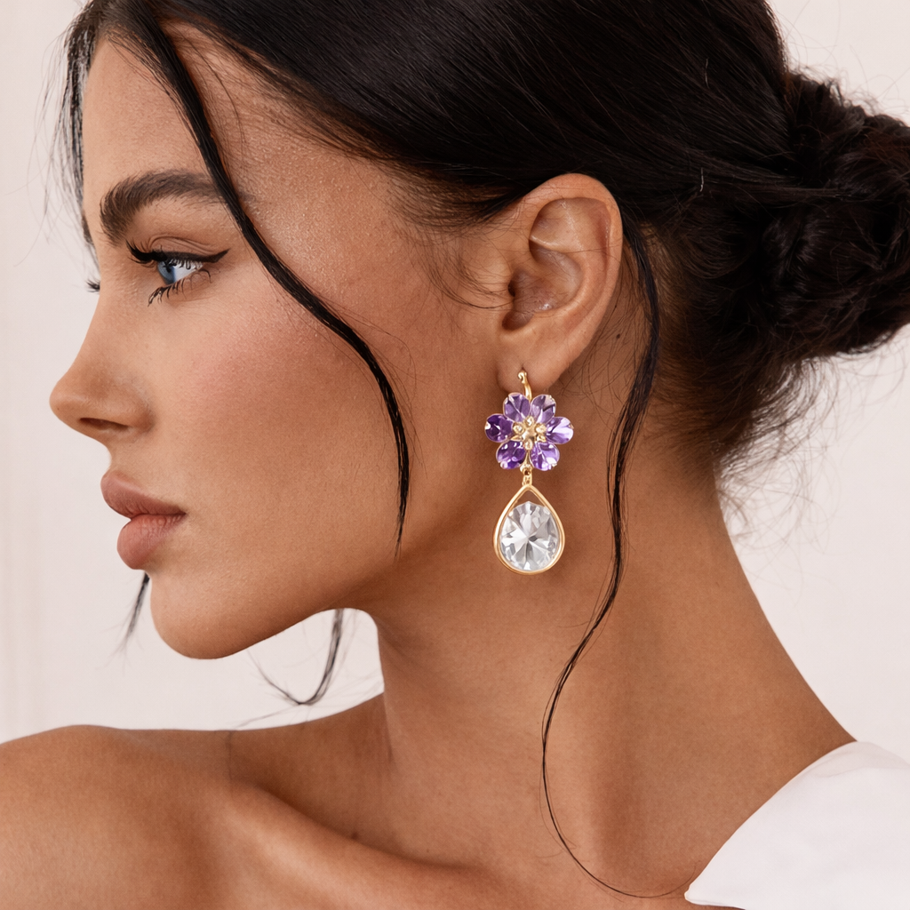 Purple Crystal Flower Earrings
