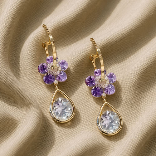Purple Crystal Flower Earrings