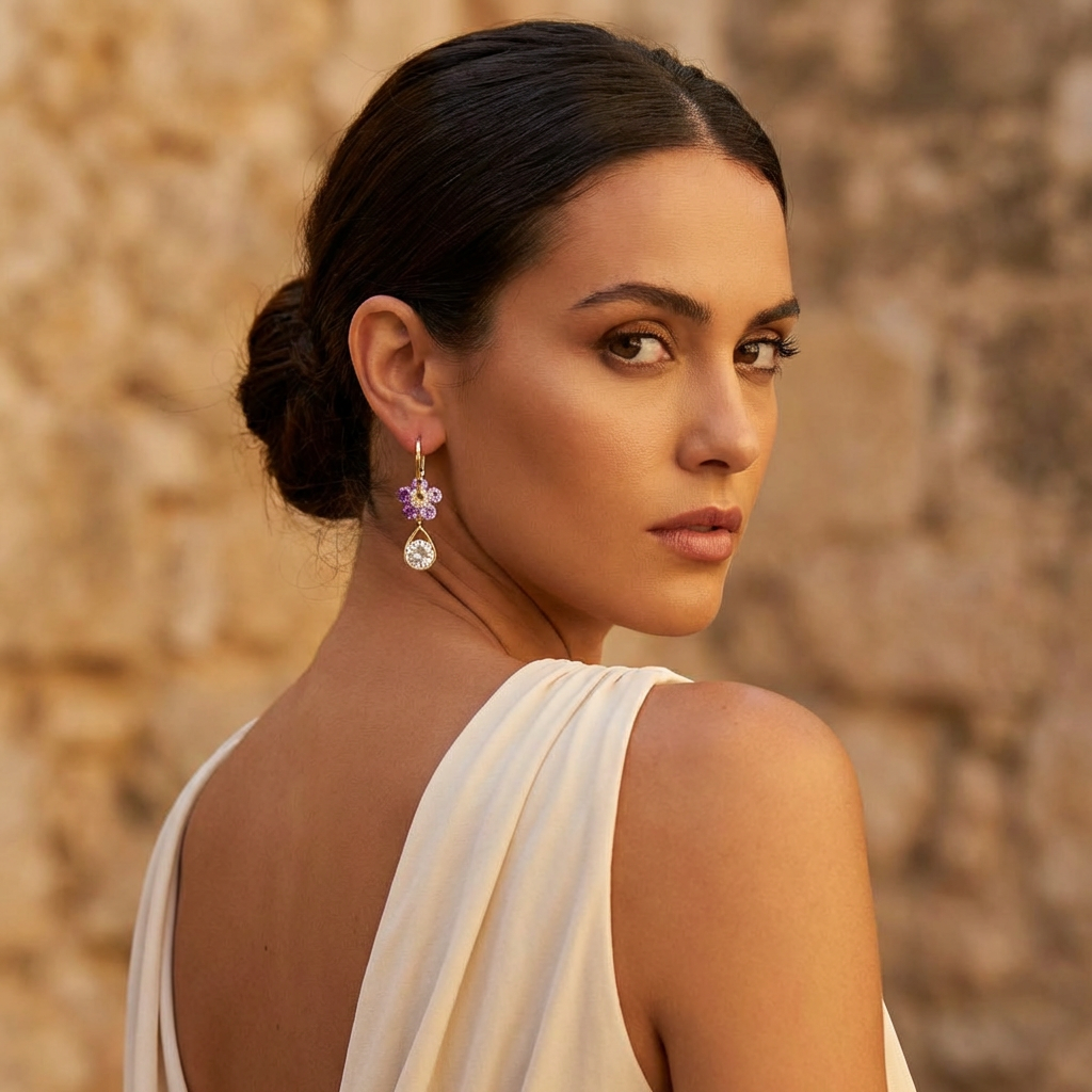 Purple Crystal Flower Earrings